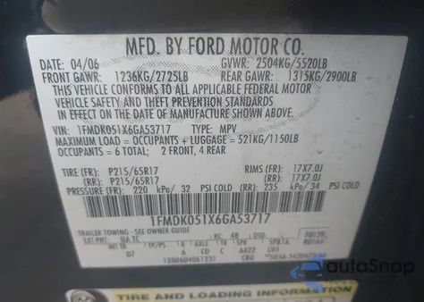 2006 Ford Freestyle Sel z USA, uszkodzony, nr VIN 1FMDK051X6GA53717